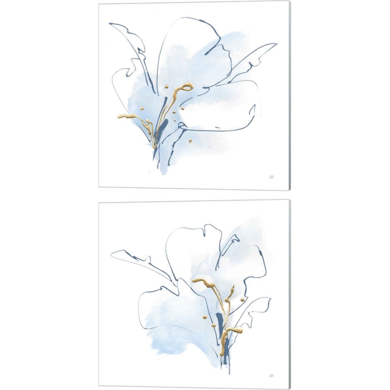 Blue and Gold Floral B by Chris Paschke 14" x 14" Canvas Wall Art (Set of 2)